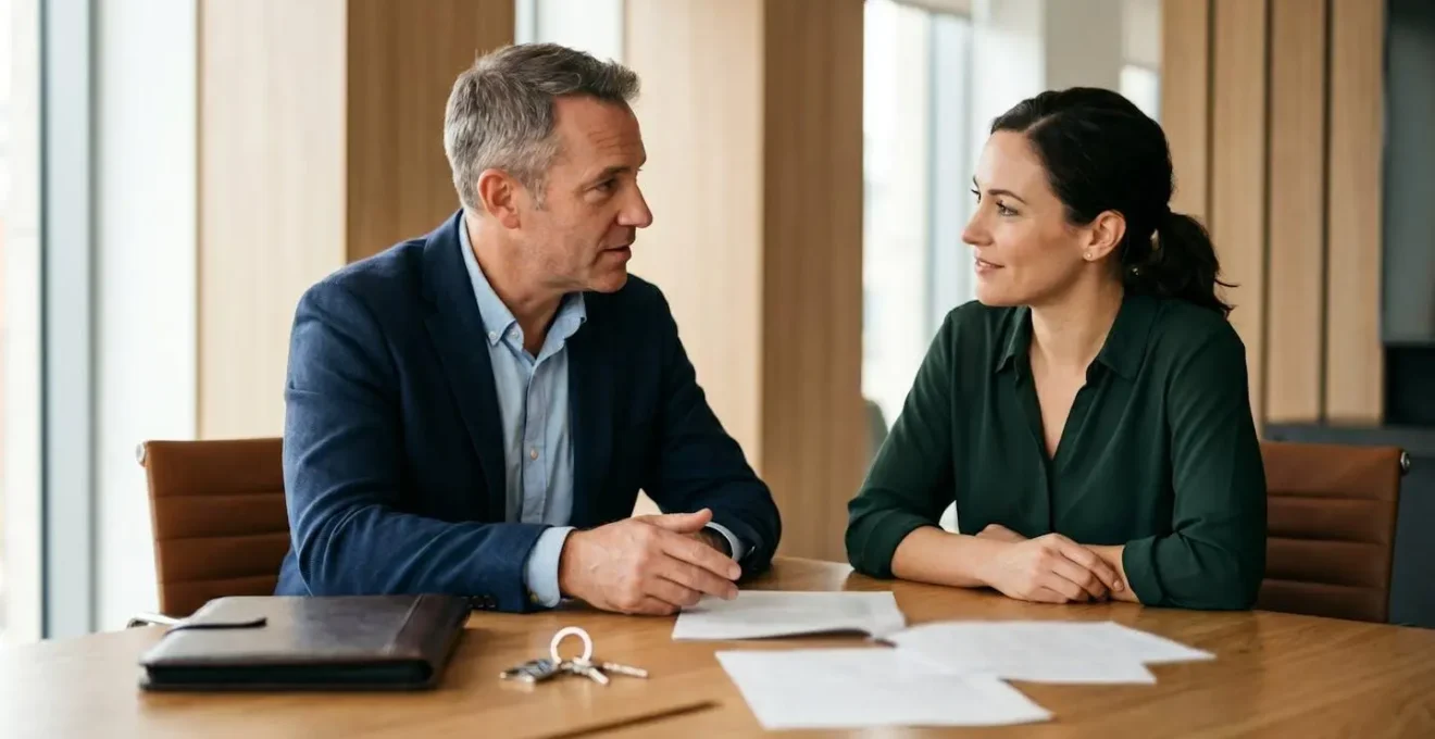 Professional negotiation scene showing property seller and buyer discussing creative financing arrangement with property documents and keys on table