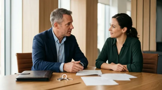 Professional negotiation scene showing property seller and buyer discussing creative financing arrangement with property documents and keys on table
