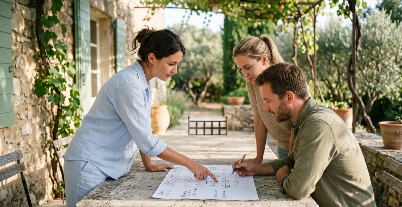 A rental specialist marks booking dates on a paper calendar while a couple plans their Saint-Tropez villa reservation.