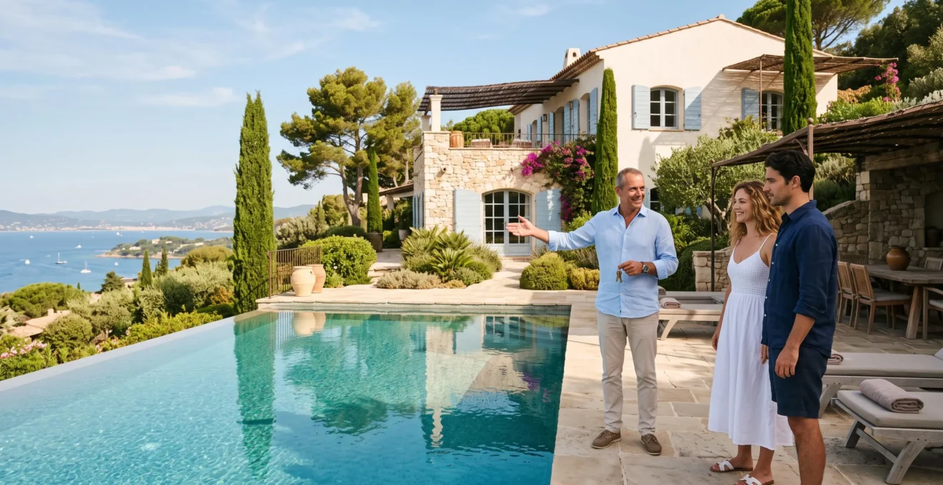 A rental specialist shows a Saint-Tropez villa with pool and sea view to prospective summer renters on the terrace.