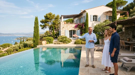 A rental specialist shows a Saint-Tropez villa with pool and sea view to prospective summer renters on the terrace.